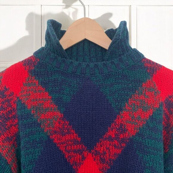Vintage Tricots St. Raphael Shetland Wool Turtleneck Sweater Red/Green Argyle M - Picture 2 of 7